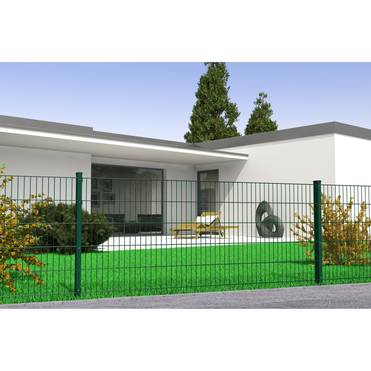 Moosgrüner Doppelstabmattenzaun 8/6/8 an Grundstücksgrenze