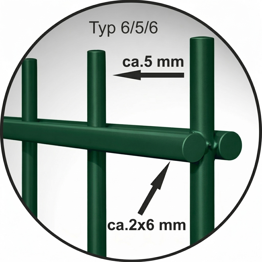 Maßzeichnung Doppelstabmatte 6/5/6, Höhen 630–2030 mm