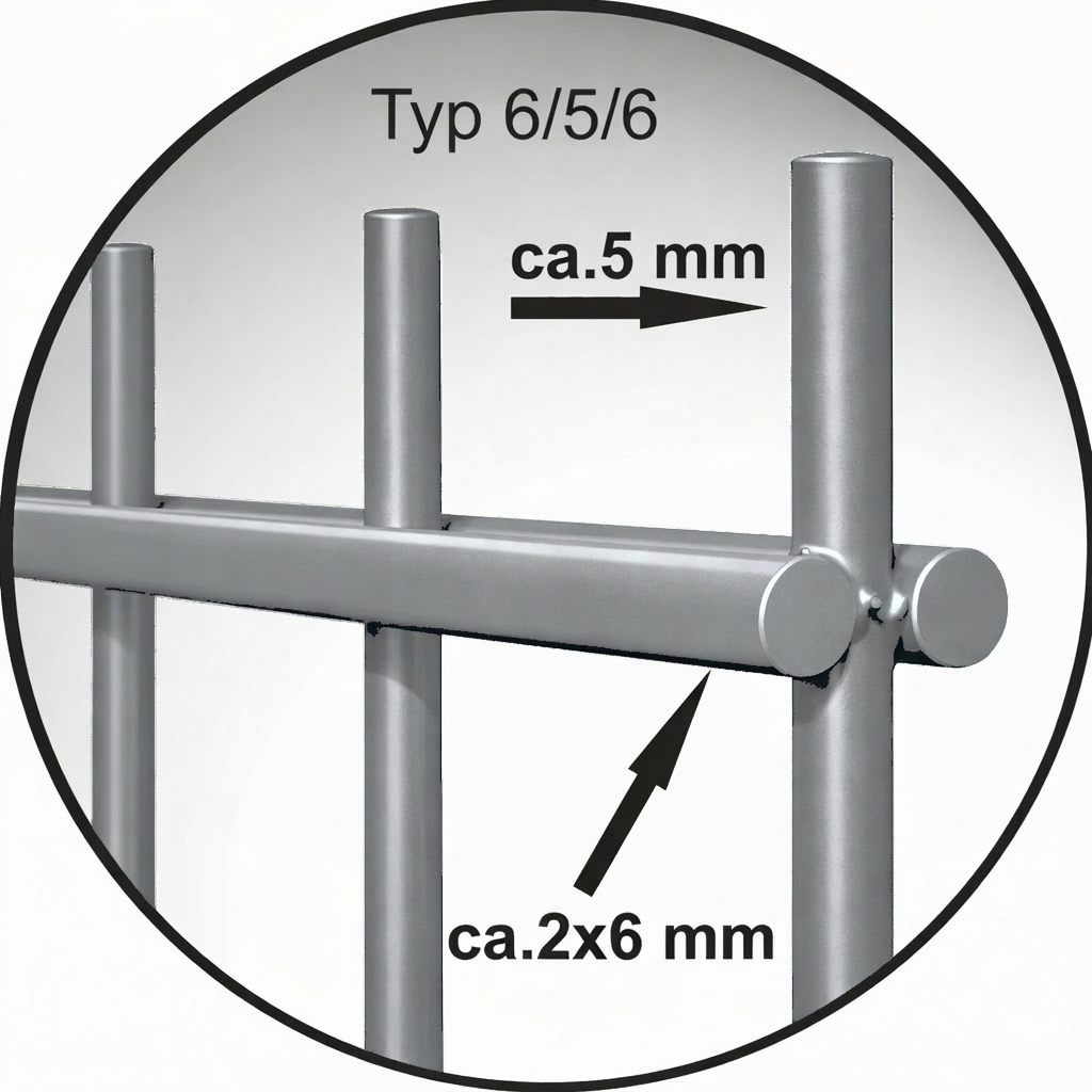 Maßzeichnung Doppelstabmatte 6/5/6, Höhen 630–2030 mm