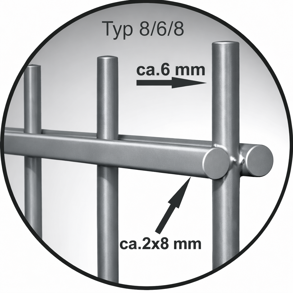 Maßzeichnung Doppelstabmatte 8/6/8, Höhen 630–2030 mm