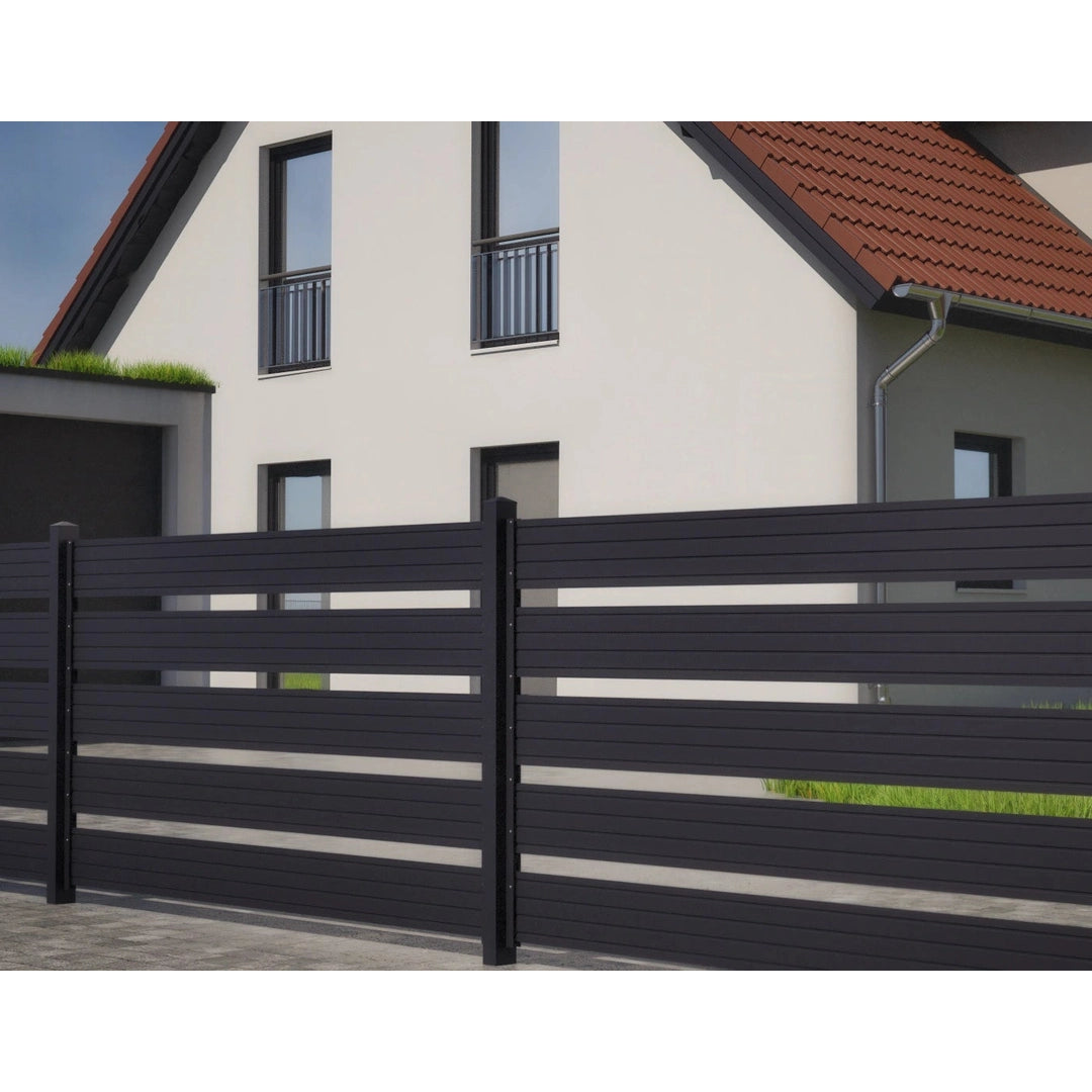 Lattenoptik-Zaunpaneel breit Anthrazit als Sichtschutzzaun vor einem Wohnhaus