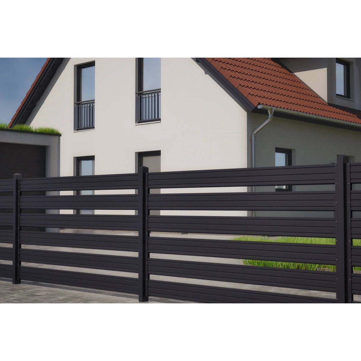 Lattenoptik-Zaunpaneel mittel Anthrazit als Sichtschutzzaun vor einem Wohnhaus