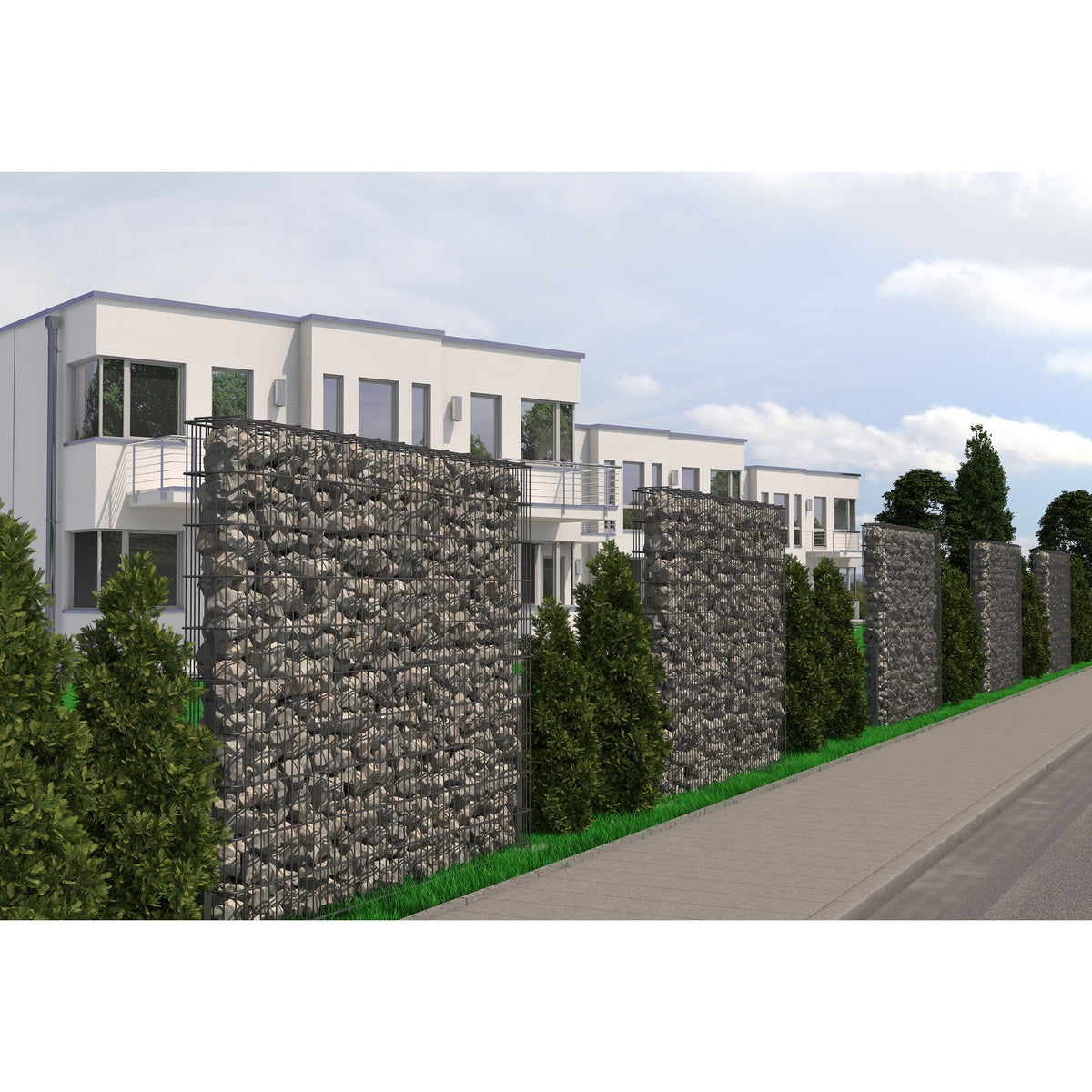 Gabionenwand als Sichtschutz an einem Wohnhaus