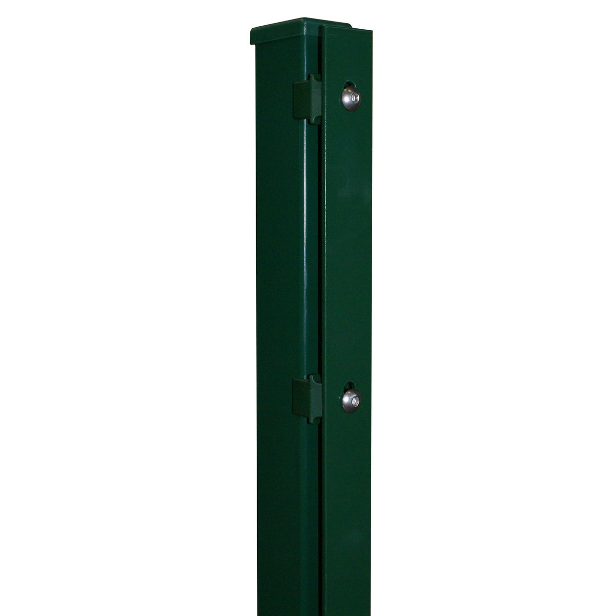 Flacheisenleiste am Zaunpfosten 60 × 40 mm in Moosgrün RAL 6005 – Detailansicht