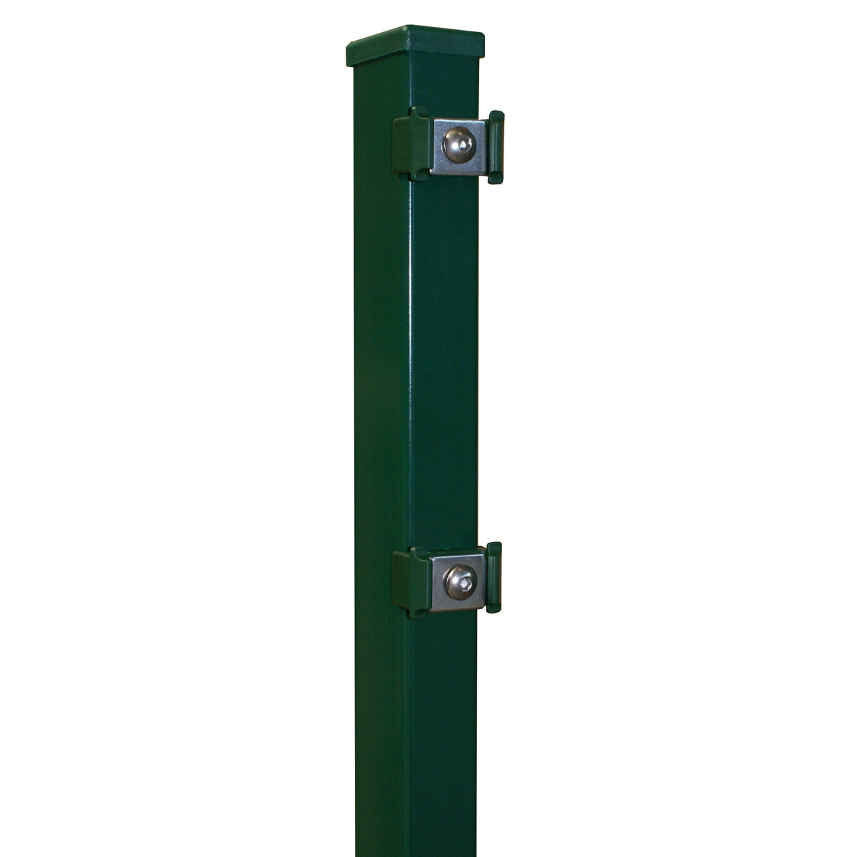Pfostenprofil 60 × 40 mm mit Edelstahl-Klemmplatte in Moosgrün RAL 6005 – Detailansicht
