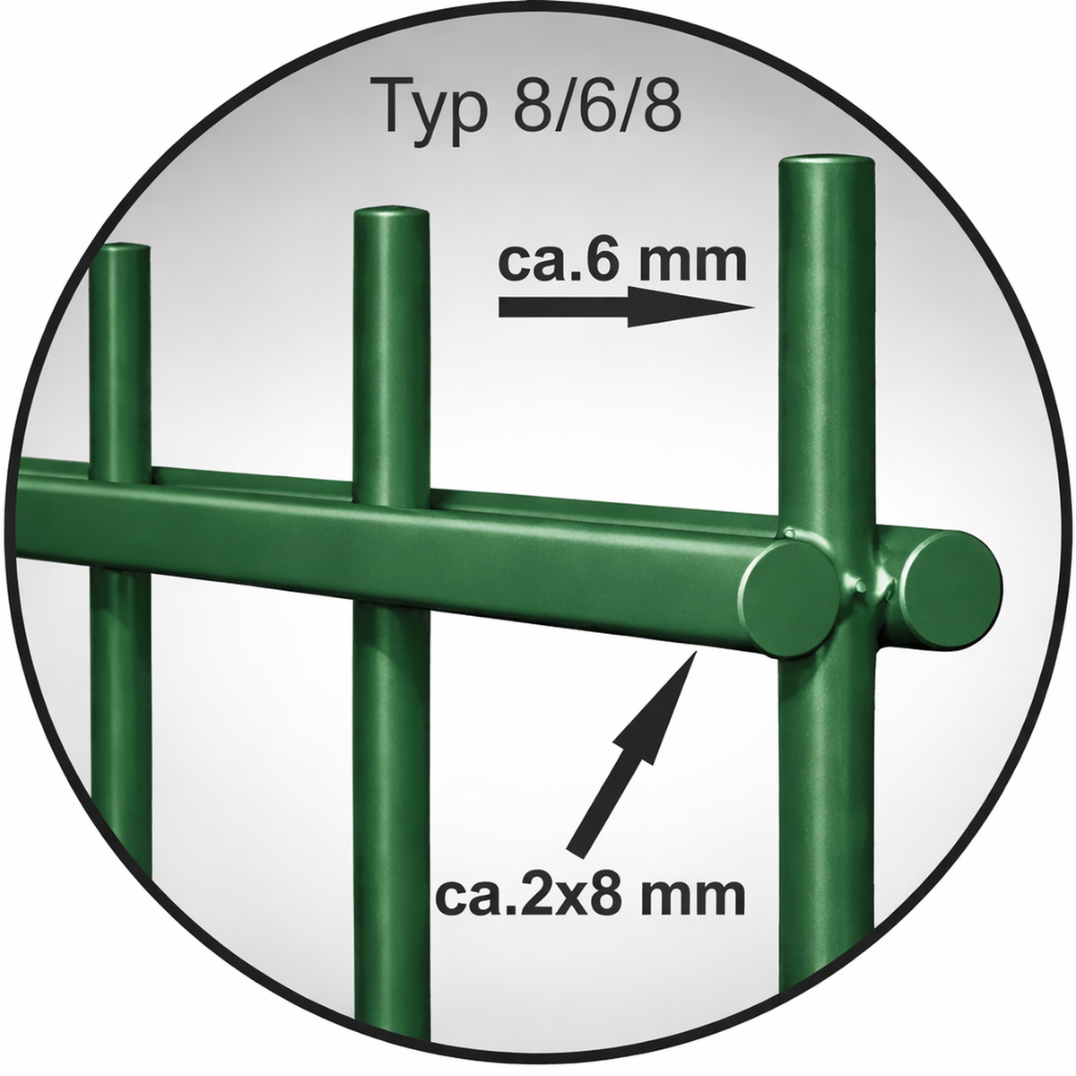 Maßzeichnung Doppelstabmatte 8/6/8, Höhen 630–2030 mm