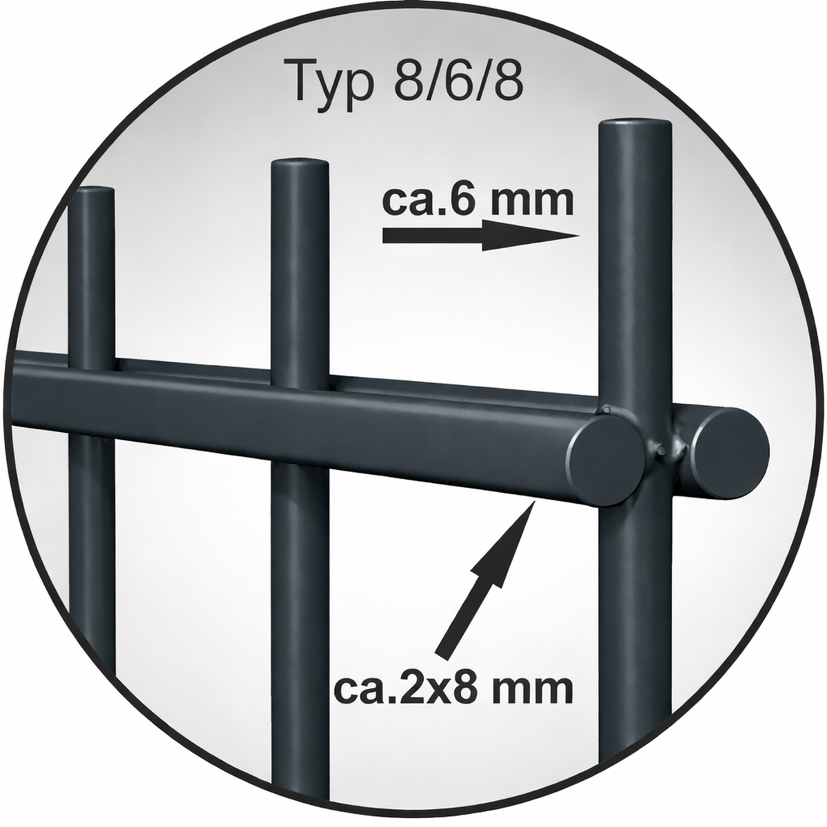 Maßzeichnung Doppelstabmatte 8/6/8, Höhen 630–2030 mm