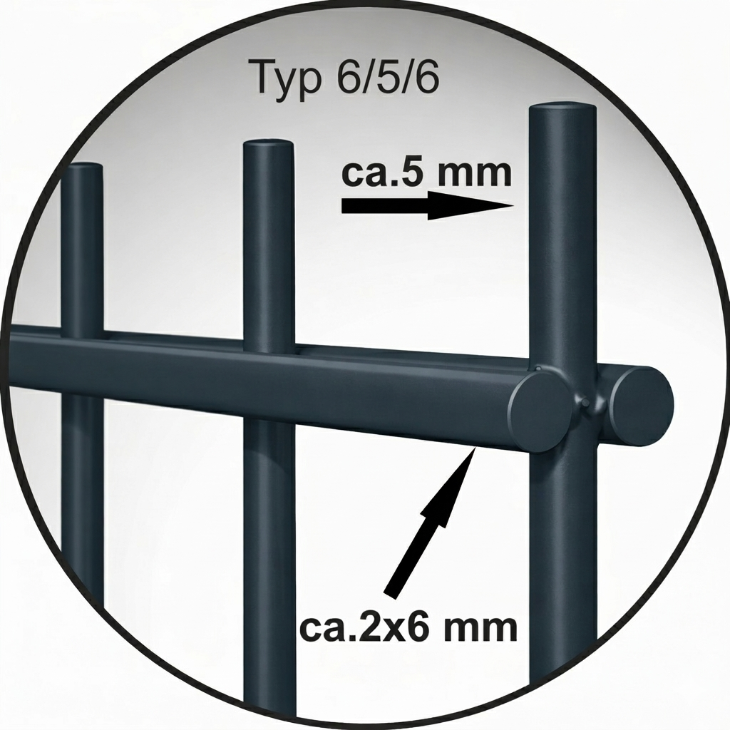 Maßzeichnung Doppelstabmatte 6/5/6, Höhen 630–2030 mm